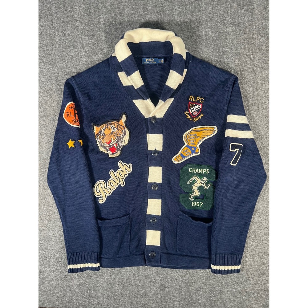 Polo Ralph Lauren Cotton Collegiate Varsity Letterman Cardigan Navy Blue Mens M